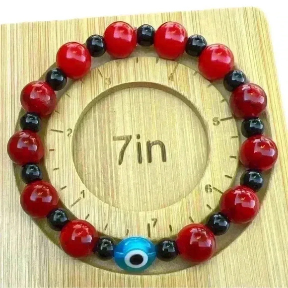 Handmade red & black evil eye protection bracelet 7” stretchy - Picture 2 of 5